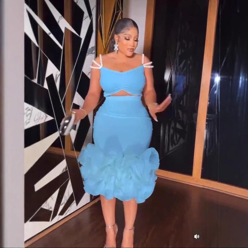 

Европейское и американское женское сексуальное платье с жемчужным топом-трубой и оборками на животе S