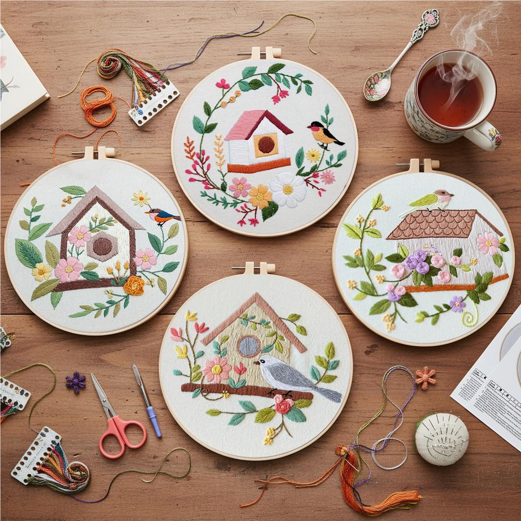 4 Pack Scenery DIY Embroidery Starter Kit with Embroidery Hoop Stitches Kit 30x30cm for Beginners Adults Hand Craft Lover Gift
