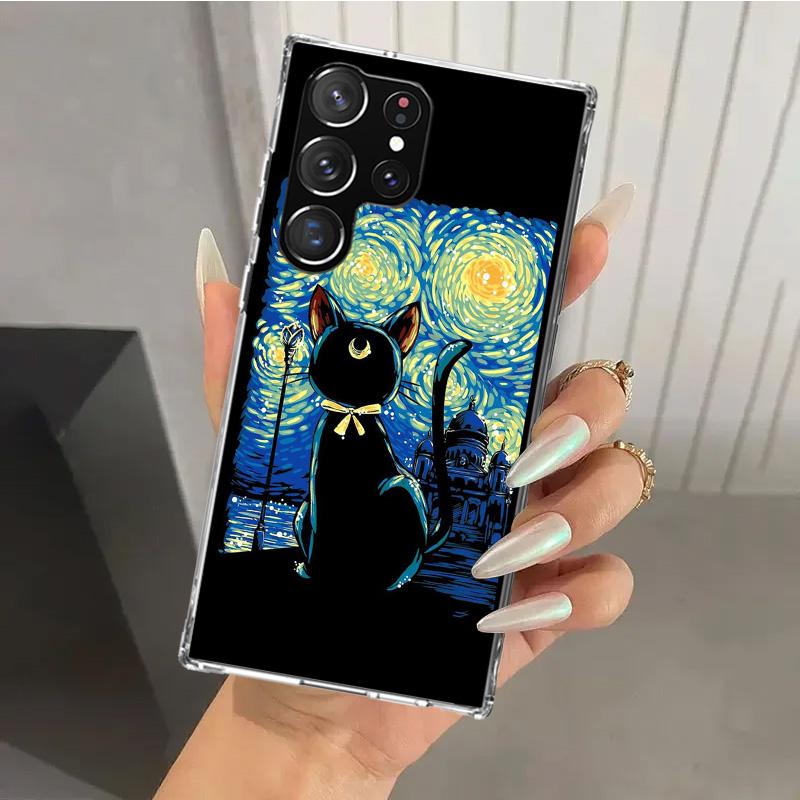 Schwarze Katze Cartoon Niedliche Handyhülle für Samsung Galaxy S26 S24 S23 Ultra S25 Edge S22 S21 Plus S20 FE + Weiche Druckschale Funda Gal
