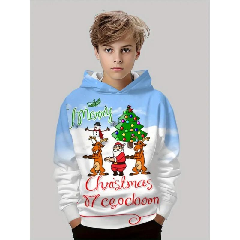 Santa Claus Graphic Sweatshirts Harajuku Long Sleeve Pullover Hoodies for Kids Unisex White Tops Y2k Streetwear Sweatshirt