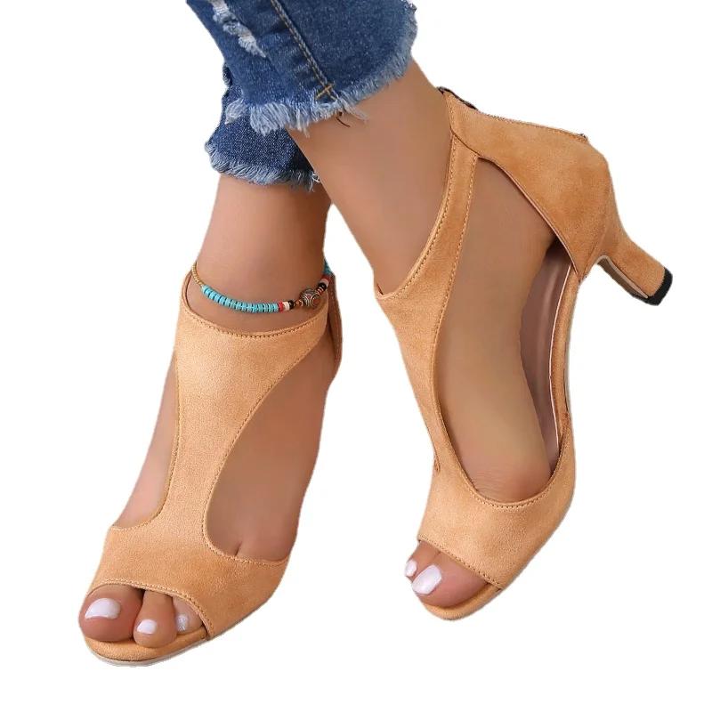 fashion Shoes for Women 2024 Fashion Zip Women's Sandals New Solid Office and Career High Quality Fish Mouth Shoes Heeled Sandals Women