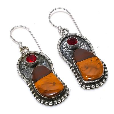 Natural Mookaite, Garnet Gemstone 925 Sterling Silver Earring 2.01" D7s27