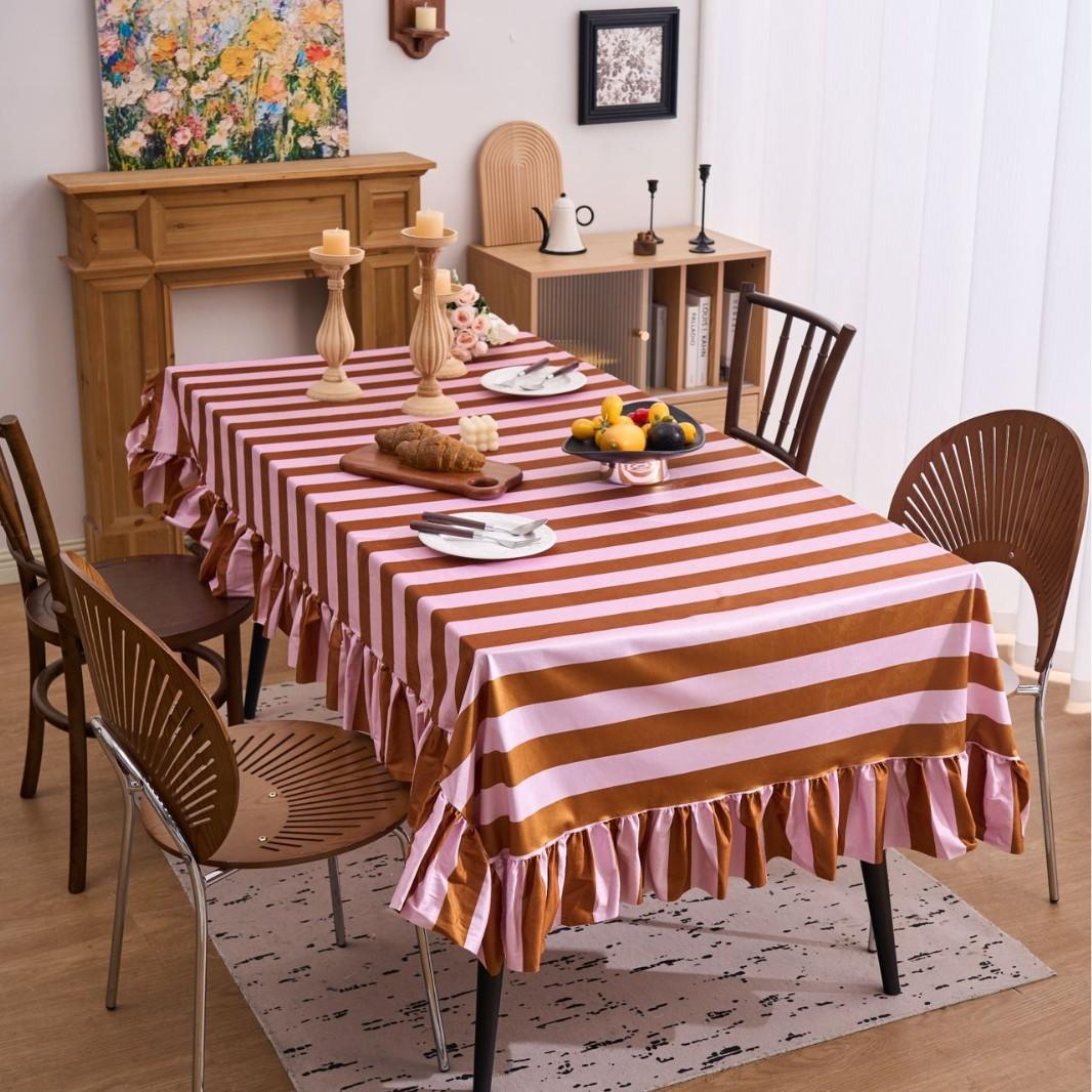 Gestreept Ruches Kant Tafelkleed Rond Stofbestendig Kreukbestendig Tafelhoes voor Keuken Feest Eetkamer Decoratie Tafelkleed 100x140cm