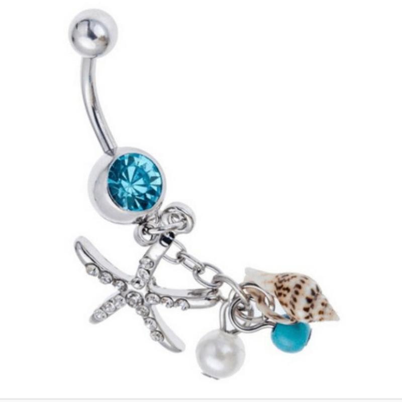 Dangle Surgical Steel Crystal Starfish Conch Body Navel Belly Ring Button Piercing Bar