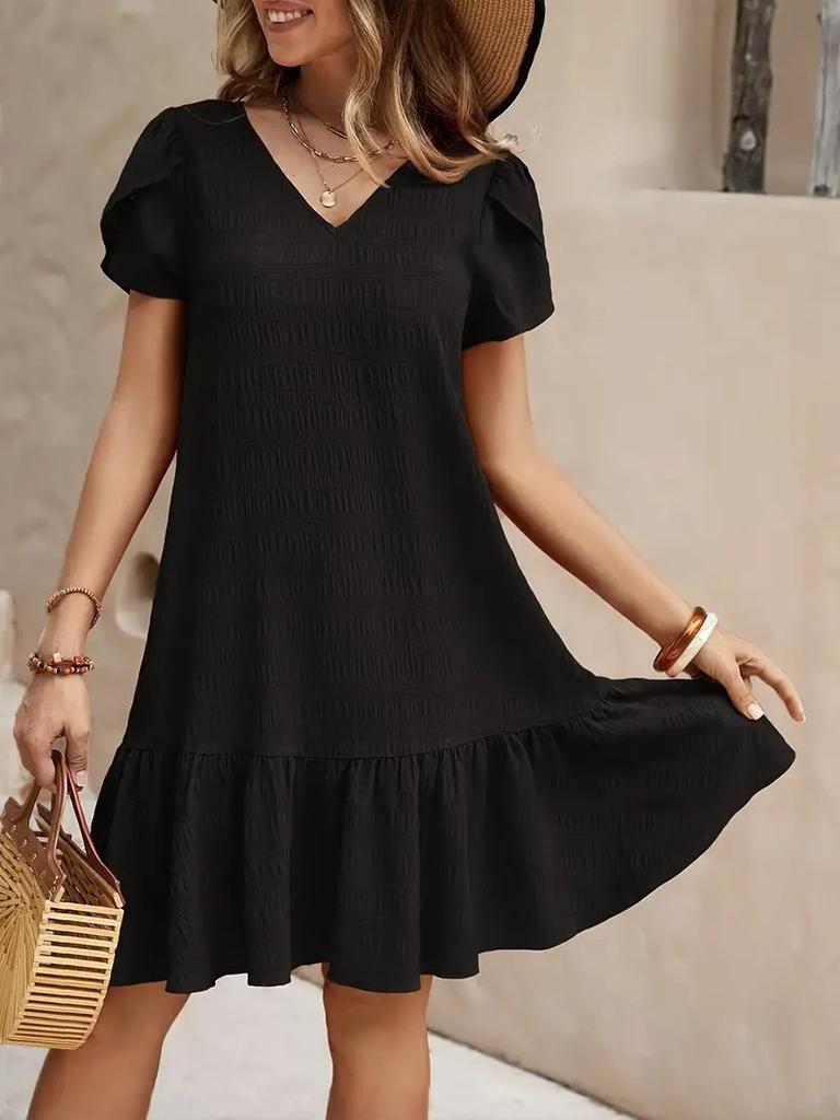 V-neck solid color loose dress casual short-sleeved dress