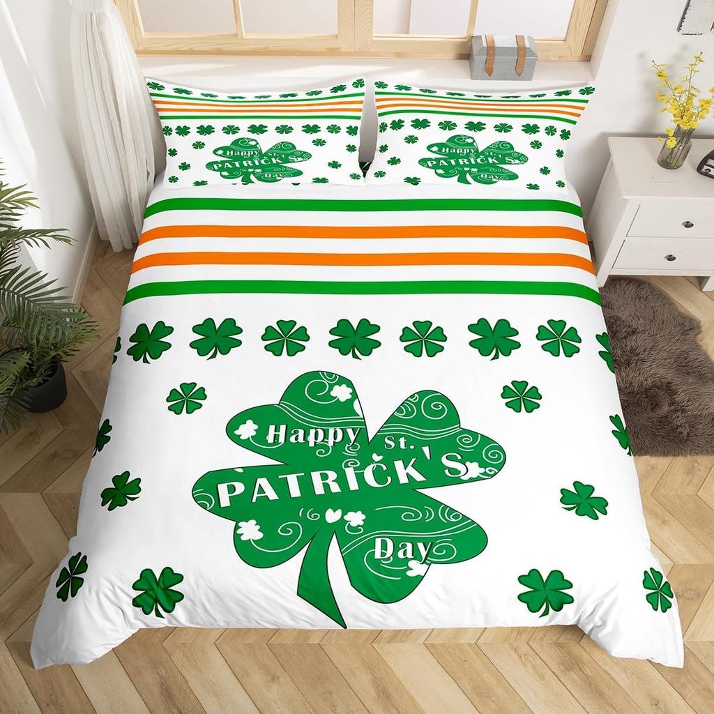 St.Patrick'S Day Duvet Cover Twin Queen Lucky Clover Leaves Bedding Set For Boys Girls Cartoon Comforter Cover With 2 Pillowcase