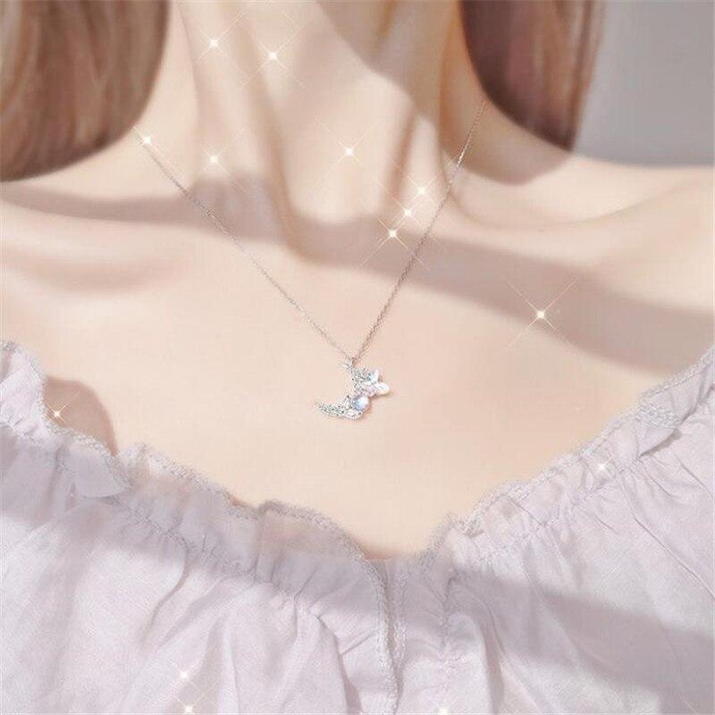 925 Sterling Silver Collier Zircon Butterfly Moon Necklace Pendant For Women Wedding Fashion New Jewelry Accessories Dz362