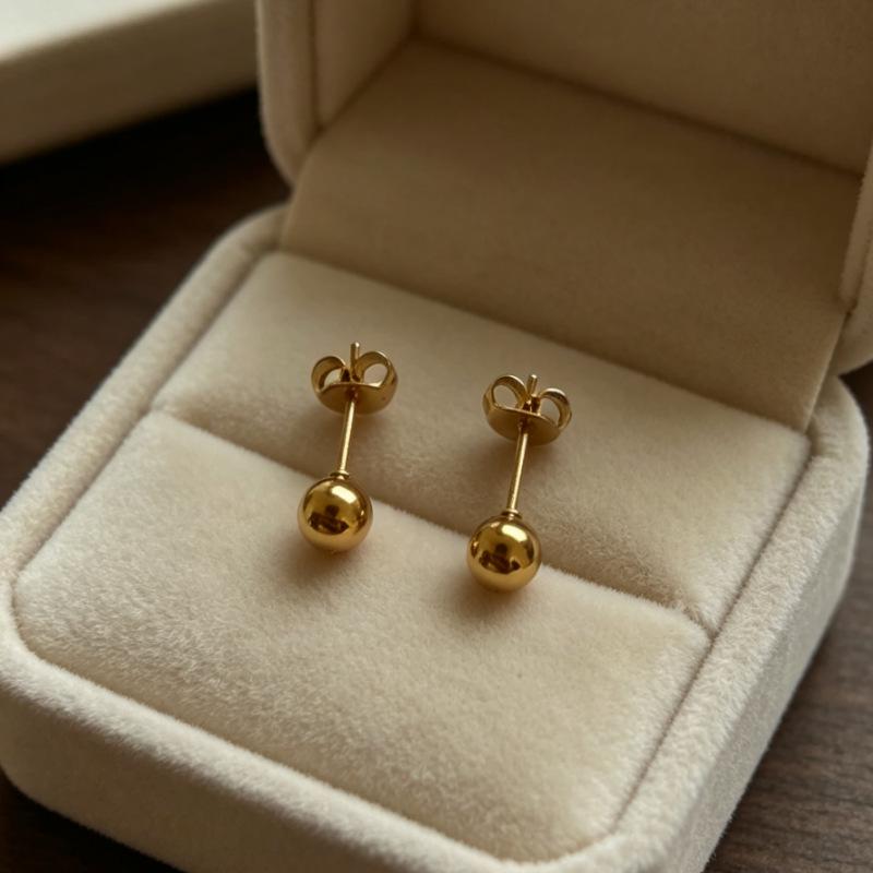 Gold-Electroplated Round Bead Stud Earrings with 6/4mm Bean Shape and Pendant, DIY Stainless Steel Post, Includes Earring Backs.