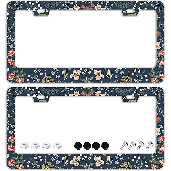 Mounta Cherry Blossom License Plate Frames - 2 Pcs Set 2 Holes Stainless Steel Metal Auto Car Accessories Decoration License Plate Frame Cover Size