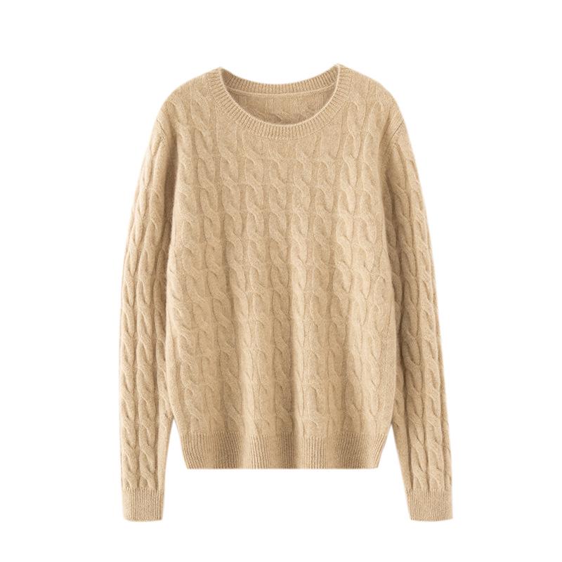2024 Autumn/Winter Women's Cashmere Cable Knit Pullover - Round Neck, Solid Color, Loose Fit, Straight Leg