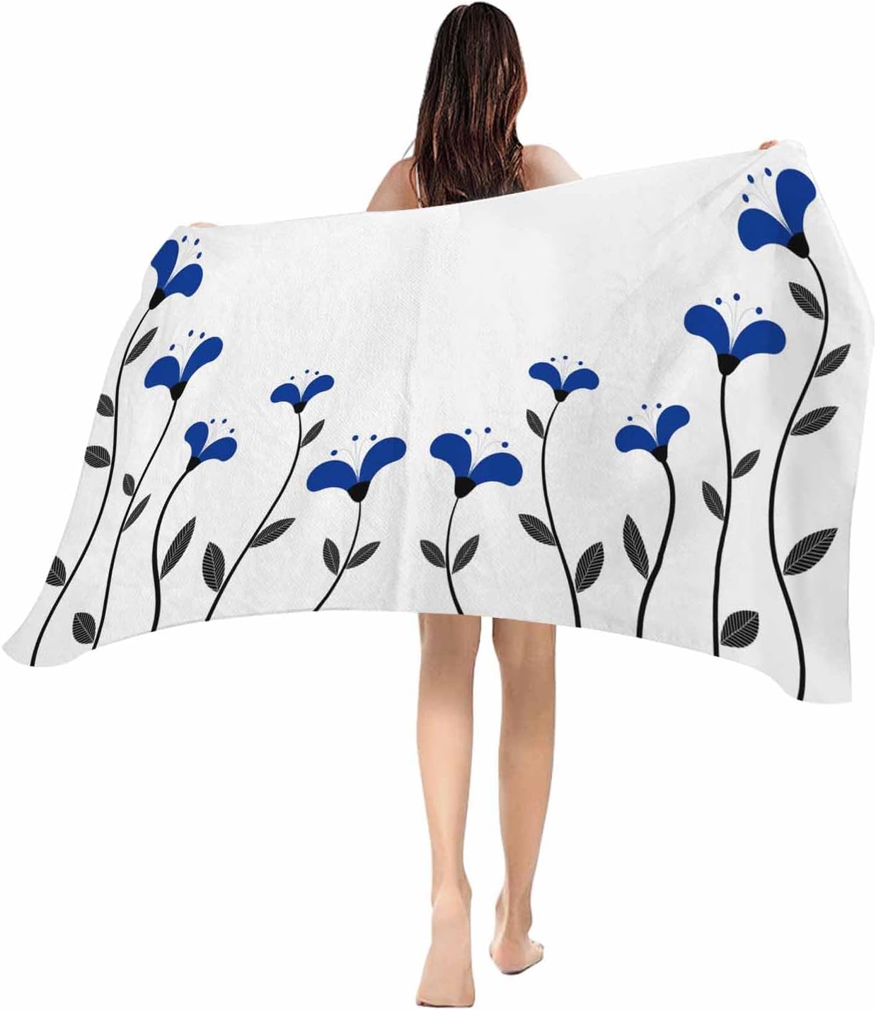 

Beach Towel Blue Flowers Bath Pool Towels Floral Abstract Lines Soft Absorbent Beach Towel Lightweight Large Quick Swim Towels W30*H60(CM)