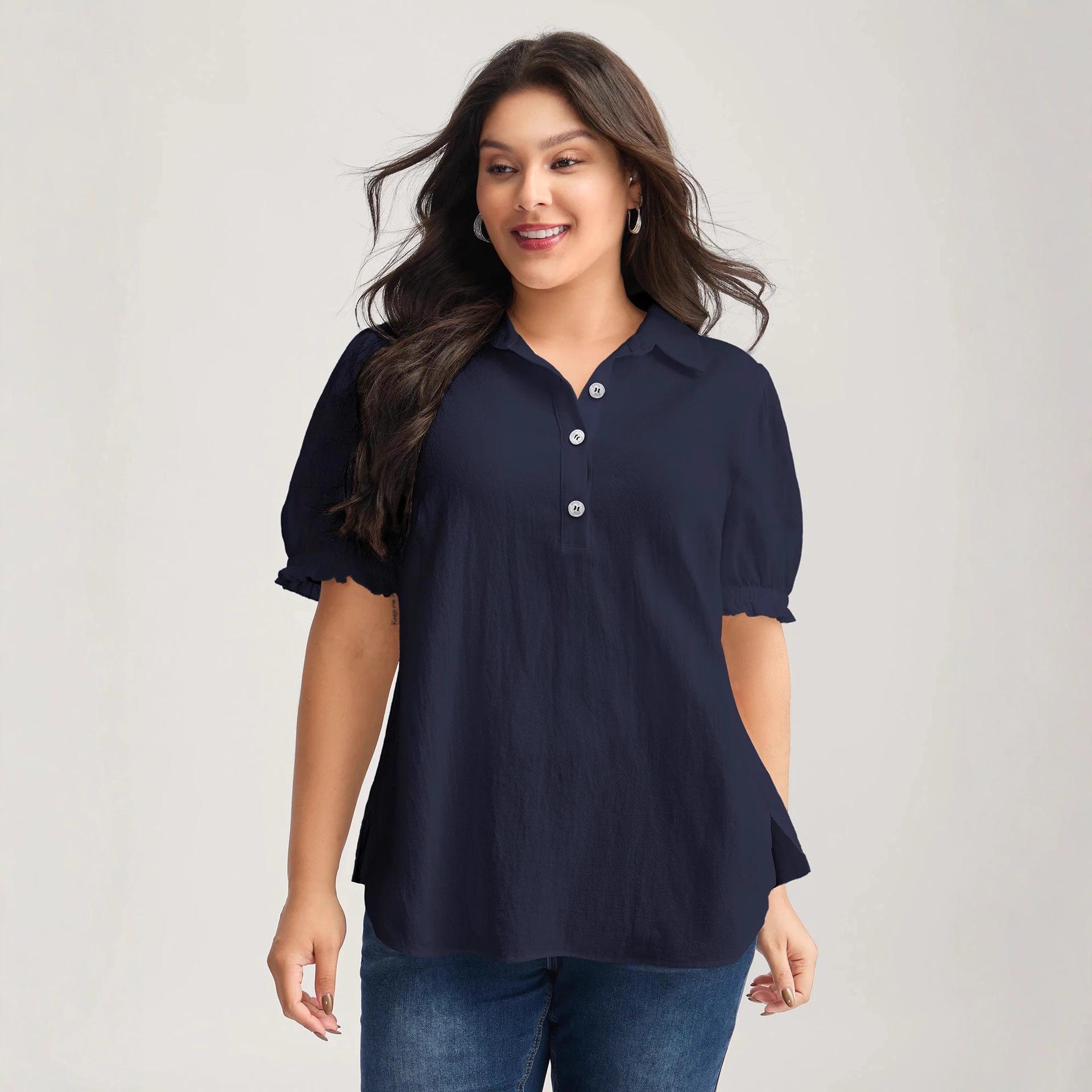 

Plus Size Elegant Cotton Ruffle Puff Sleeve Shirt Large темно-синього кольору