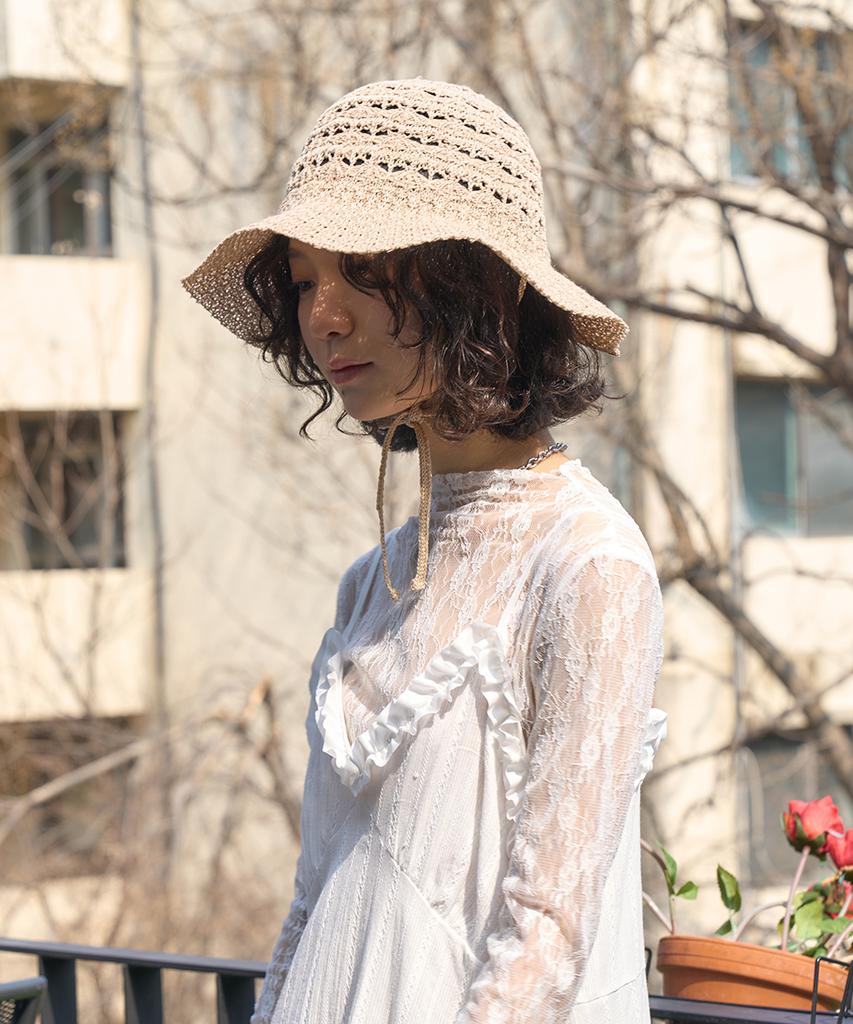 THE GREEN LAB String Knit Beach Bucket Hat [Beige]