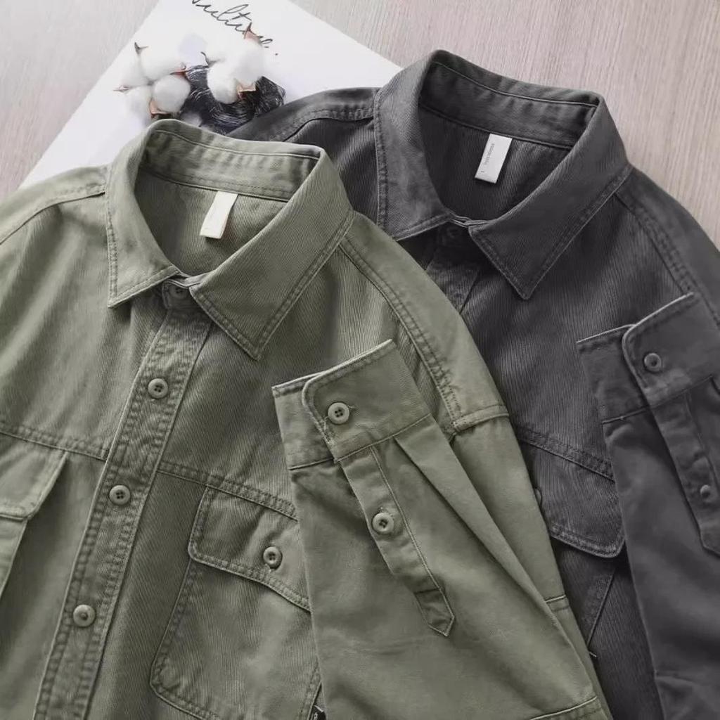 Herren Vintage Armeegrün Gewaschene Baumwollhemdjacke - Schwergewicht, Lockere Passform, Lässige Arbeitskleidung für Frühling und Herbst
