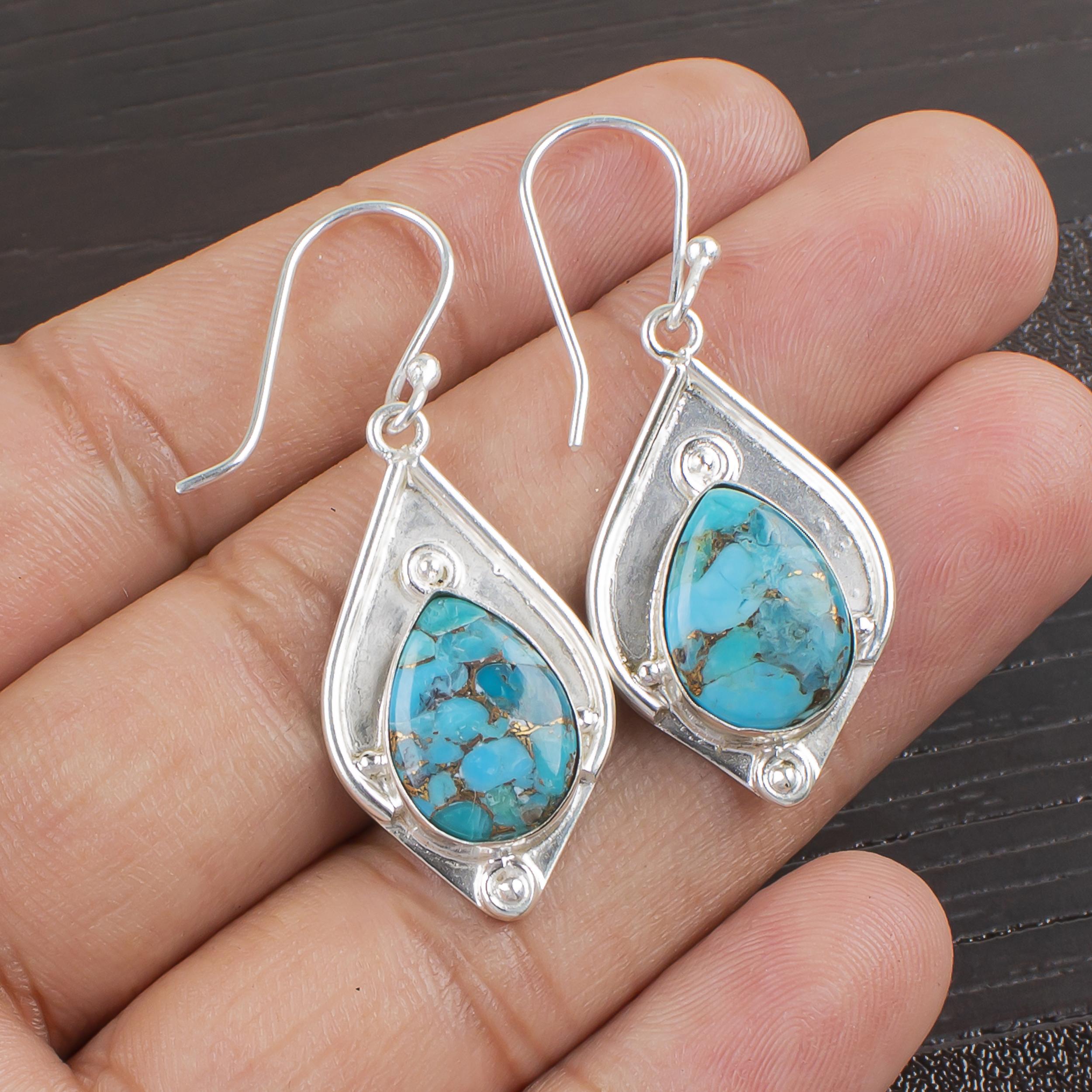 

Серьги ручной работы из голубого медно-бирюзового драгоценного камня, серьги из цельного серебра 925 пробы, старинные ювелирные изделия, для подарка на помолвку 1.90 Inches синий