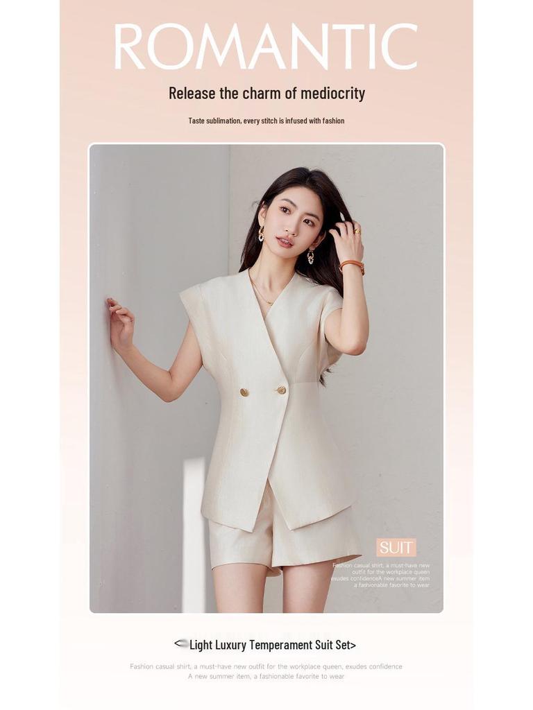 2025 Summer High-End Sleeveless Suit Jacket with Shorts – Goddess Petite OL Style