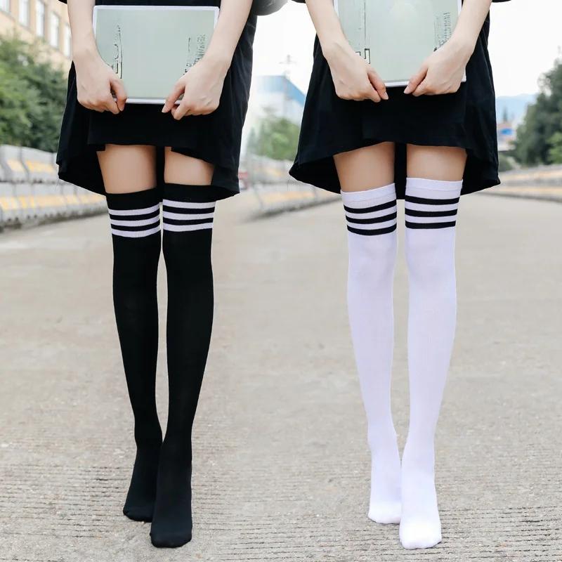 Gothic Lolita Black White Striped Over Knee  Thigh Highs Long Socks Lovely Japanese Girls Cosplay Stockings for Women