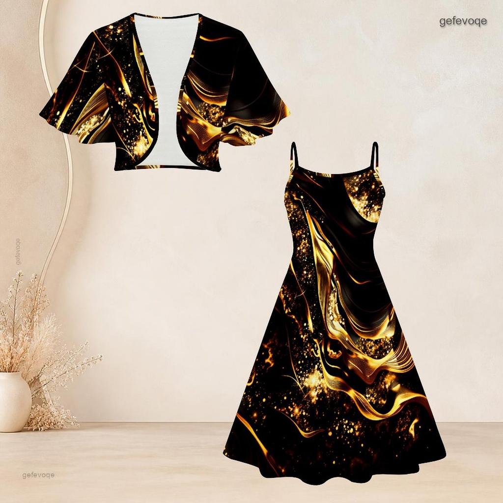 Women Plus Size Black Printed Two Piece Set Batwing Sleeve Cropped Shrug Strappy Flared Dress