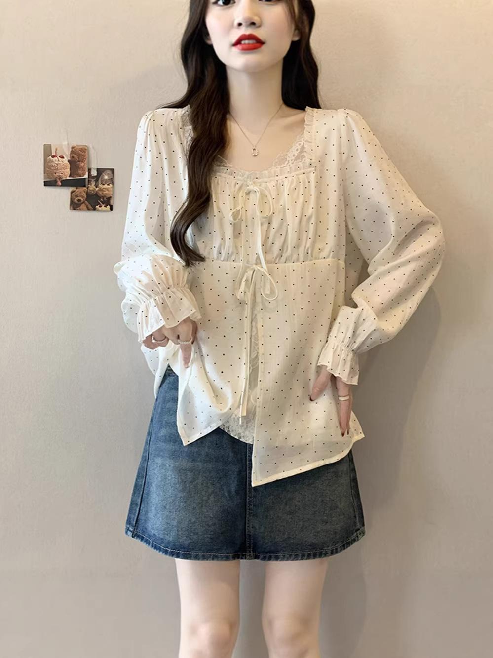 2026 Spring Plus Size Women s Sweet French Polka Dot Square Neck Top Large