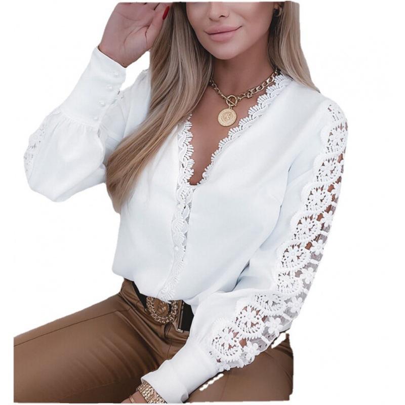 Hot-Selling Spring and Autumn Long-Sleeve V-Neck Lace Patchwork Shirt for Women