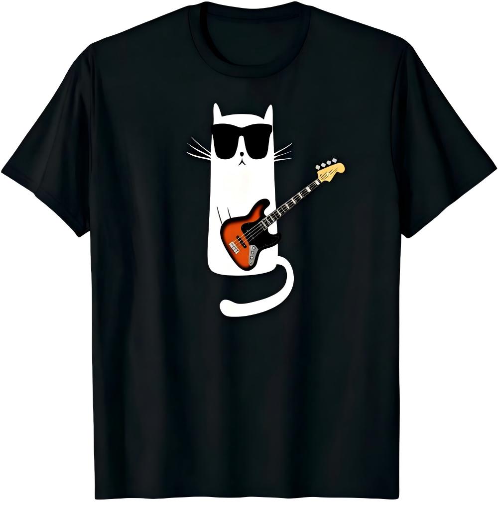 Cool Cat With Bass Guitar Music Graphic T-Shirt