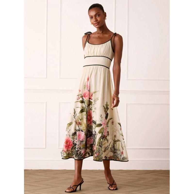 European summer bohemian style vacation elegant temperament lace-up suspenders medium and long dress women S