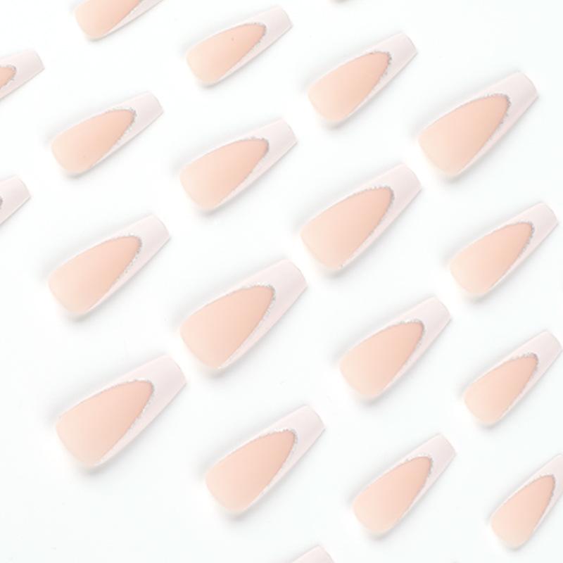 24Pcs/Set Quick Nails French White Edge Silver Powder False Nials Sticker Wearable Waterproof Manicure Finished Nails