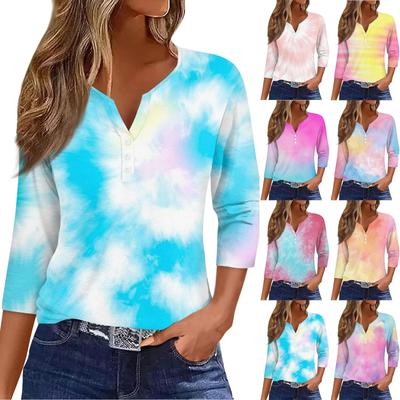 Women's T Shirt Tee Print Button 3/4 Sleeve Daily Weekend Fashion Basic V- Neck Regular Top