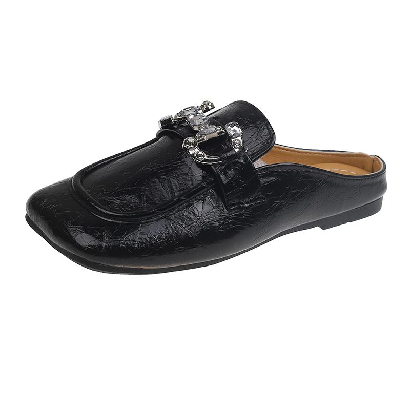 Slippers Women's Fashion Square Head Shallow Mouth Crystal Metal Buckle Soft Sole Anti-slip Wear-resistant Flat Shoes