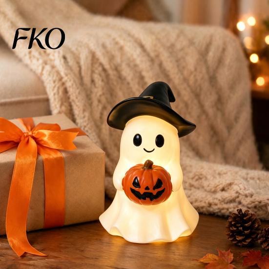 LED Pumpkin Decor Halloween Ghost Figurine, Cute Resin Holding Spooky Table Centerpiece Statue for Desk Tabletop Indoor Home Safe Flameless