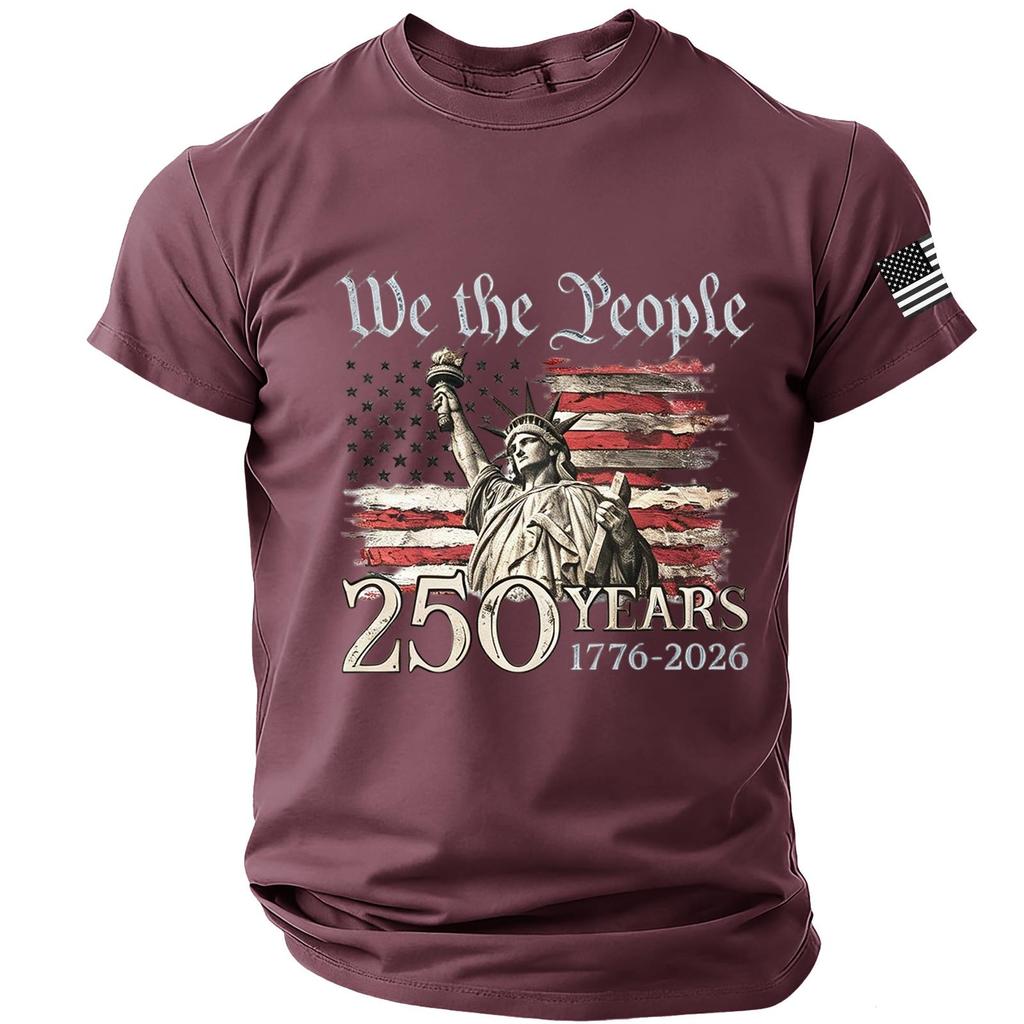 Męska koszulka z krótkim rękawem i okrągłym dekoltem z nadrukiem Statuy Wolności i flagi We The People 250 lat 1776 2026