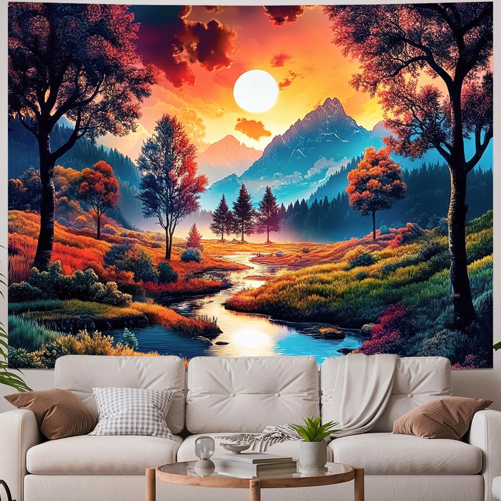 Obsecolors Sun Forest Mountain Tapestry Trippy Sun Tapestry Hippie Nature Landscape Tapestries Aesthetic Sunset Magic River Tapestries Wall Hanging