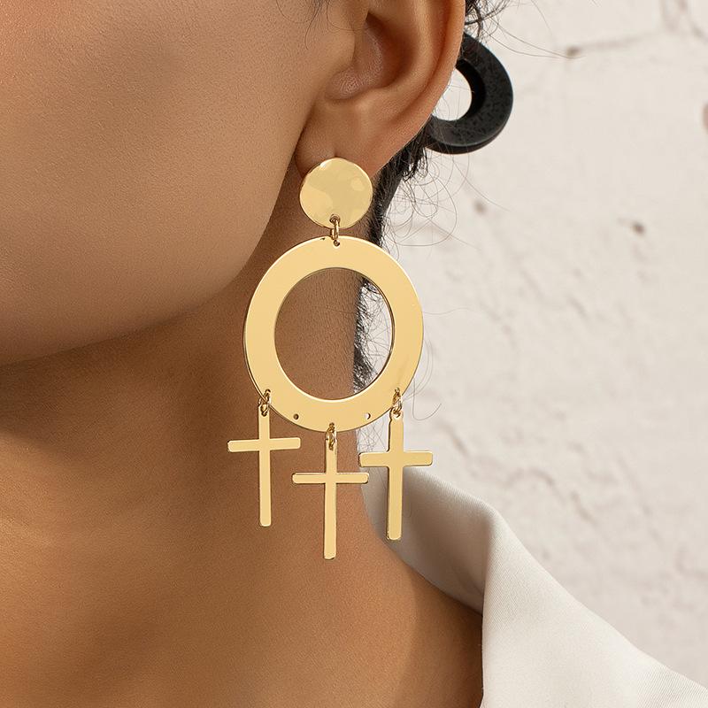 European & American Style Fashion Cross Earrings: Bold, Geometric Circle Studs for Women