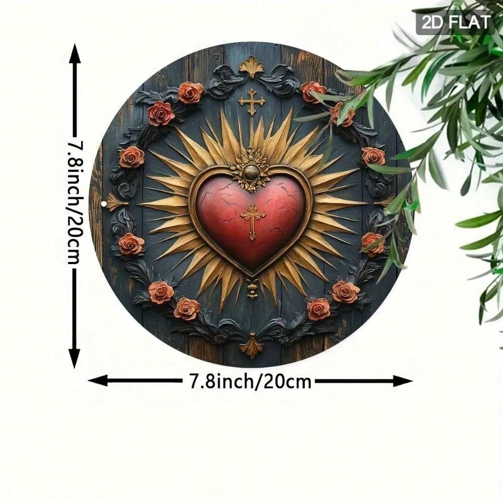 Vintage Heiliges Herz Jesu 7,8 Zoll Runde Wandplakette Gotische Religiöse Kunst Holzdekor Strahlender Sonnenstrahl Rotes Herz
