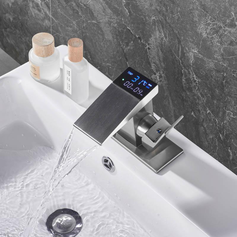 Bathroom Basin Faucet With Led Digital Display temperatureTaps Basin Deck Mounted Sink Waterfall Mixers