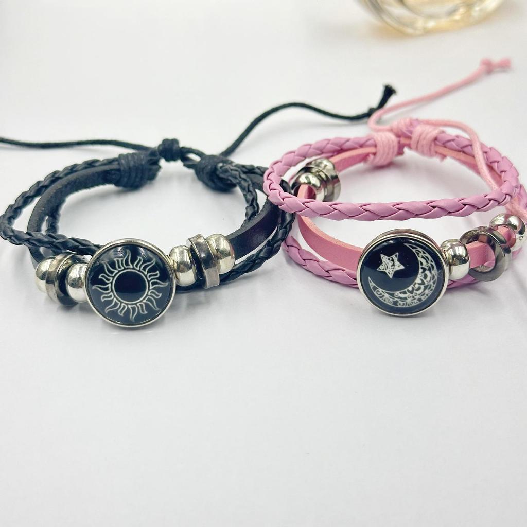 Luminous Sun & Moon Time Gem Unisex Vintage Leather & Beaded Bracelet