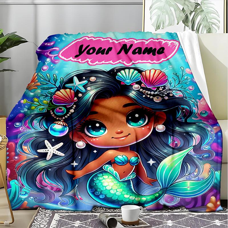 1PC Custom Name Mermaid Fantasy Underwater World outdooor Flannel blankets Patterns Throw Blanket All-Season Soft Gift for Couch, Bed, Camping gifts