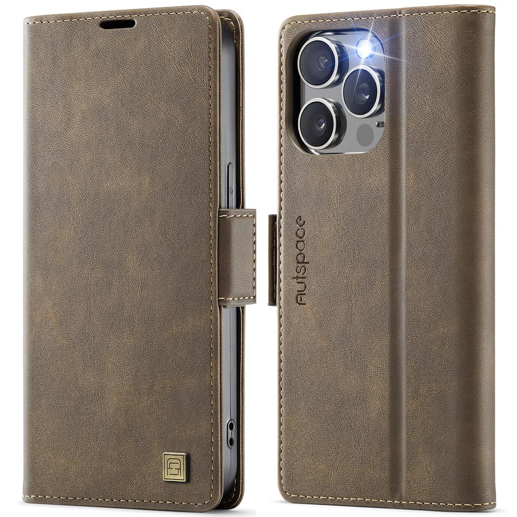For iPhone 14 Pro Case AUTSPACE A11 RFID Blocking Retro Leather Cell Phone Wallet Cover