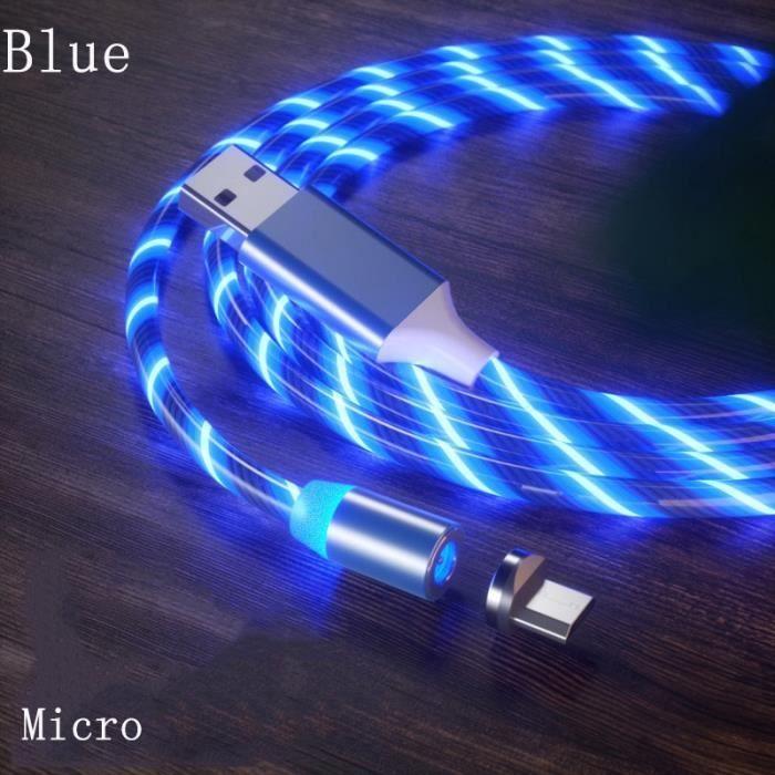 1M chargeur magnétique câble coulant lumière LED Micro USB type c câble de charge pour iPhone Samsun Blue Micro