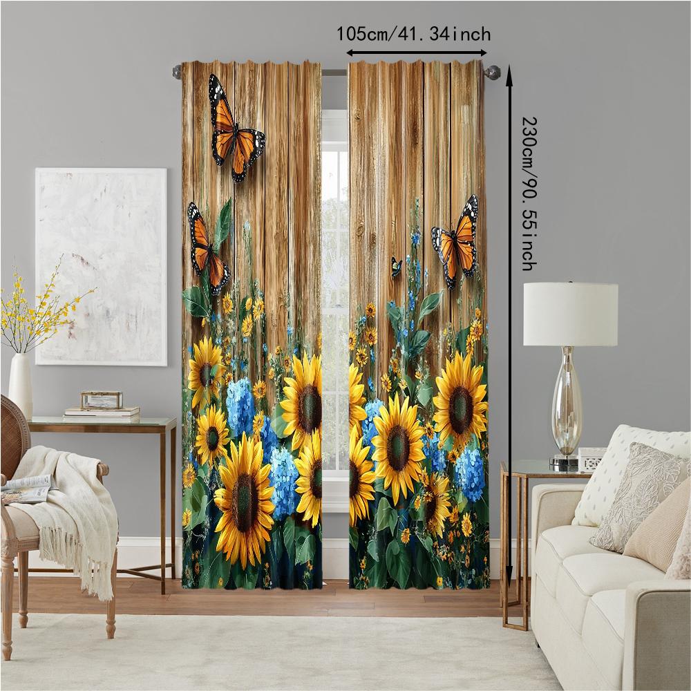 2 Pcs, Versatile Polyester Transparent Curtains for Home Decoration Rustic Sunflower for Use In Bedrooms and Living Rooms