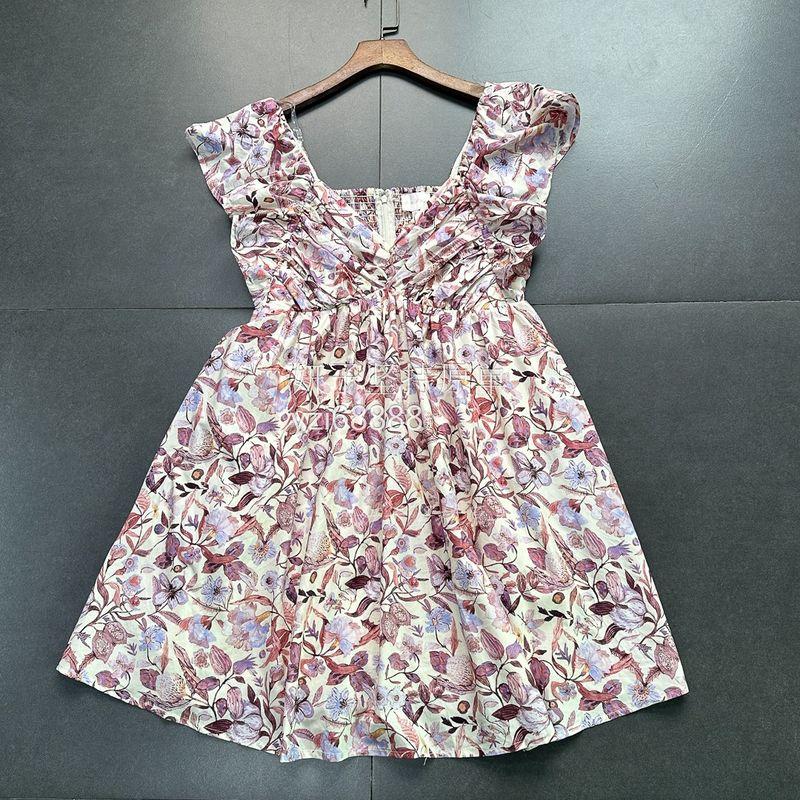 

Foreign Trade Export USA Enro Pure Original New Color Retro New Chinese Style Print Frill Small Flying Sleeve V-neck Pure Cotton Dress Pink Retro Dress L