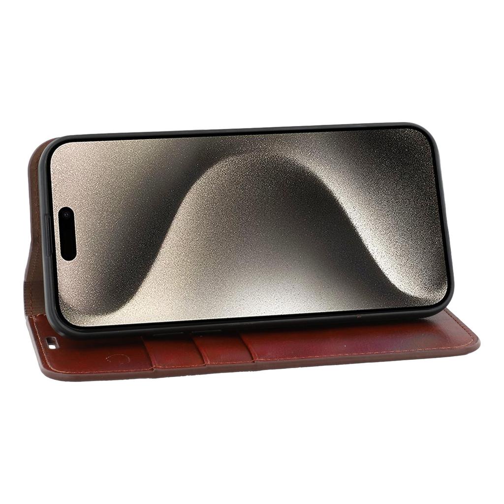 For iPhone 15 Pro Stand Cases Genuine Split Leather Wallet Phone Cover Magnetic Closure