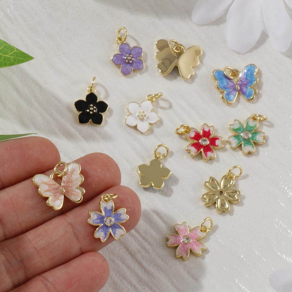 2pcs Enamel Flower Butterfly Brass Charms 18k Gold Plated Multicolor Exquisite Small Pendants For Earrings Necklace Findings