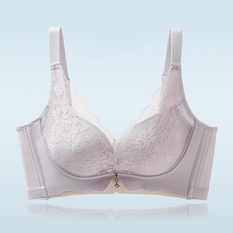 Breezy Light Luxury Lace Perforated Cup Bra, Lightweight Breathable Push Up Side Gathering Women Bra