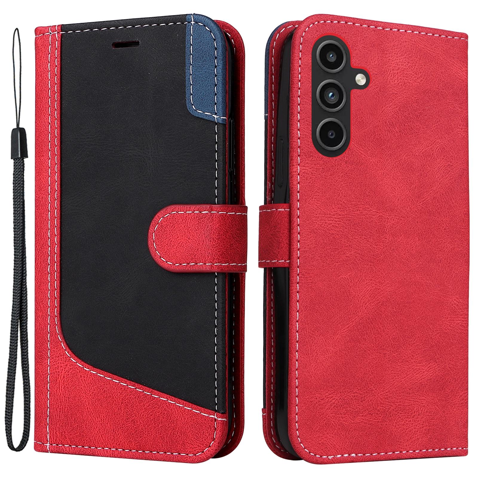 

For Samsung Galaxy A15 5G Case Three-color Splicing Wallet Stand Phone Cover with Strap Red