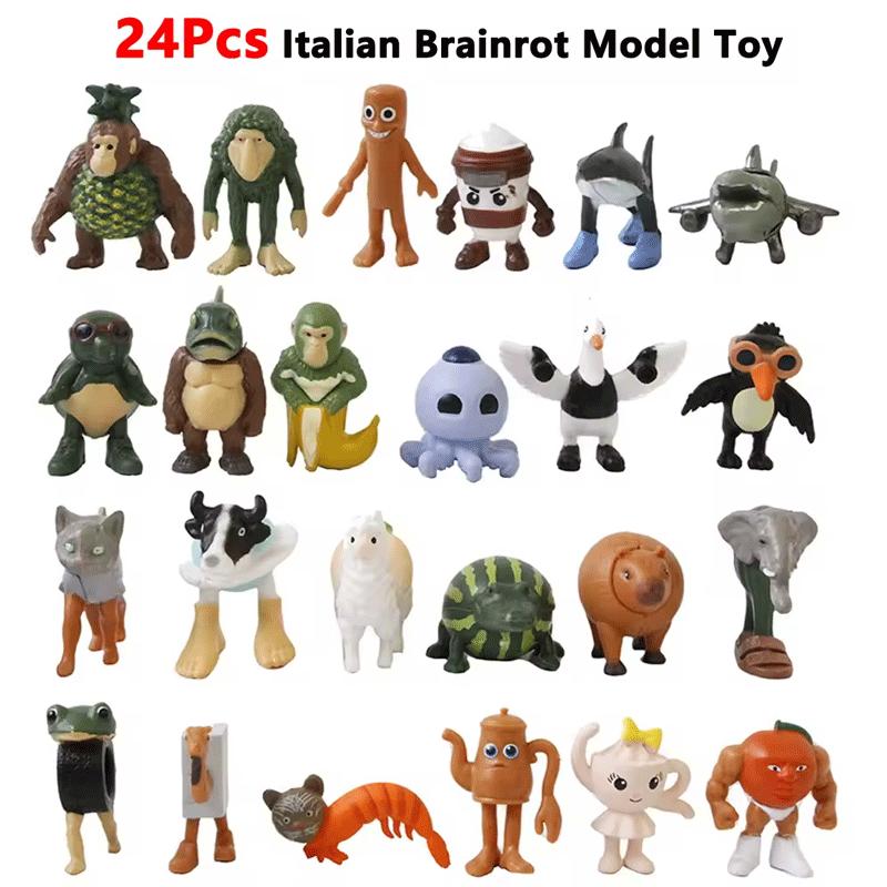 24Pcs Italian Brainrot Anime  Action Figures Story Toys Set Tung Tung Sahur Tralalero Tralala Shark Collectible Figurine Model