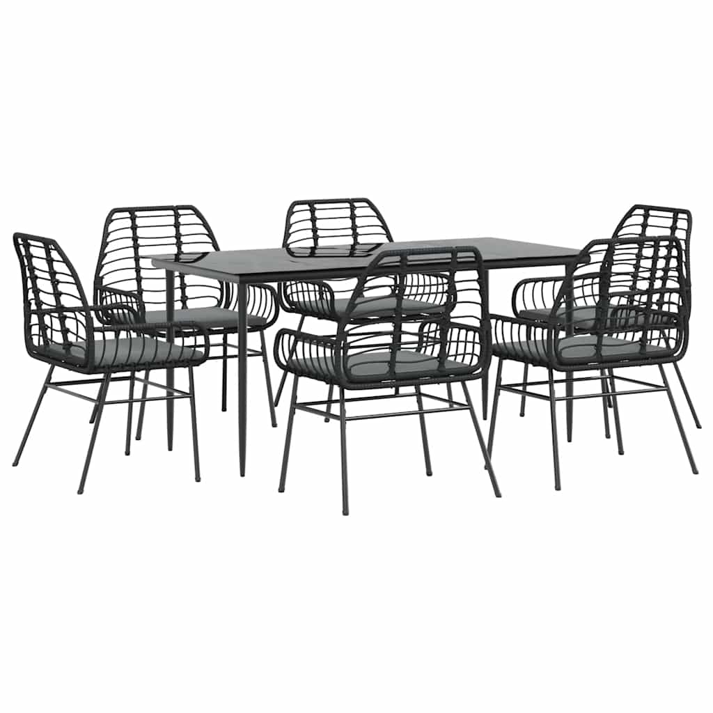 7 Piece Outdoor Dining Set with Cushions Black Poly Rattan Glass Table