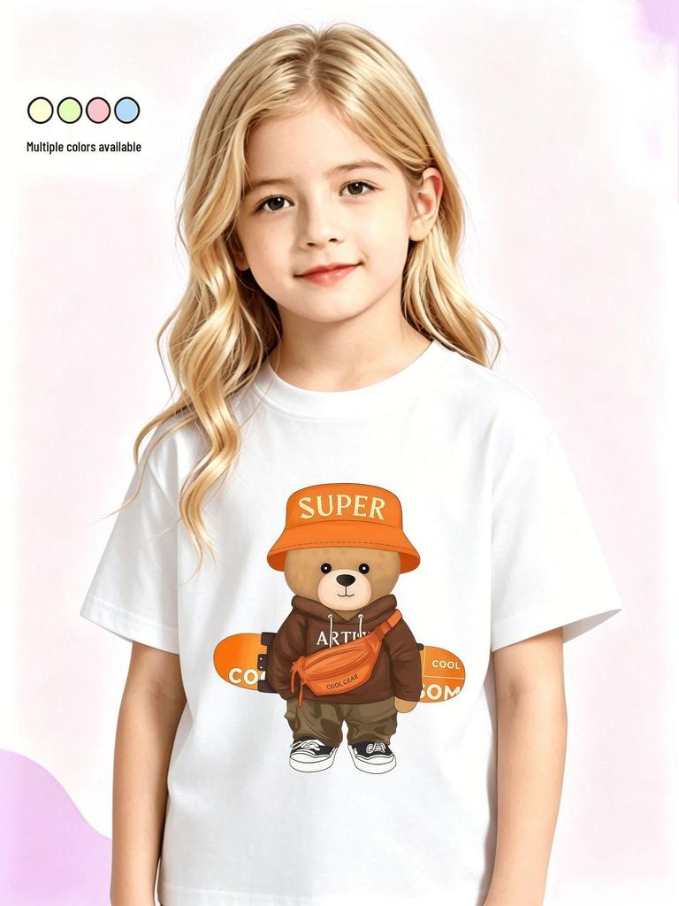 2026 Trendy Cartoon Bear Print Kids Skateboard T-Shirt - Short Sleeve Cotton Top for Boys & Girls