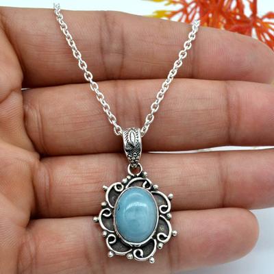Plata de Ley 925 Maciza, Collar para Mujer, Collar de Larimar, Joyería Hecha a Mano, Joyería Boho, Regalo de Boda, Collar de Diseñador