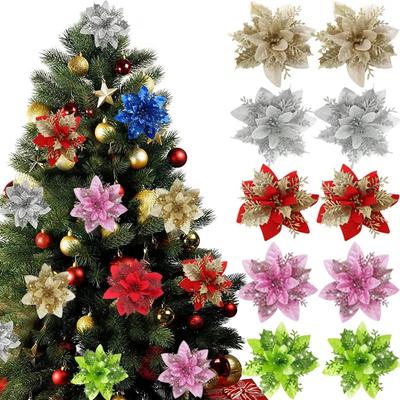 5/50pcs 14.5cm Flores Artificiais de Natal com Glitter Decoração de Árvore de Natal Feliz Ano Novo Enfeites Flores Falsas de Natal